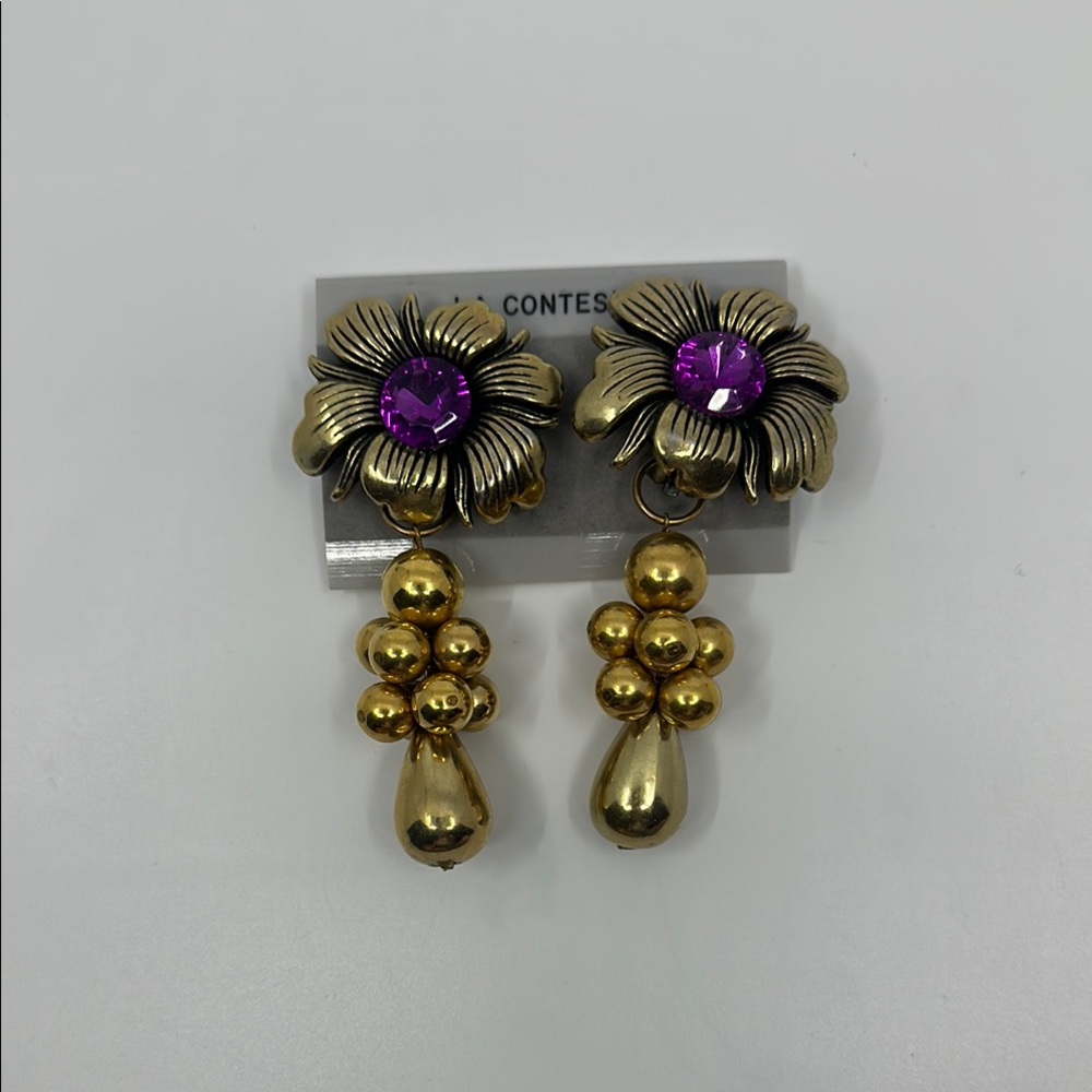 Vtg Chucky Lucite Acrylic Gold and Purple Floral Drop Two Way Clipon Earrings